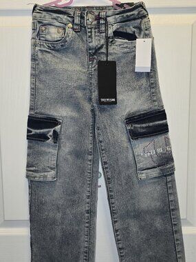 True Religion Girls Cargo Jeans Size 7 Gray Denim Wide Leg Pants NWT